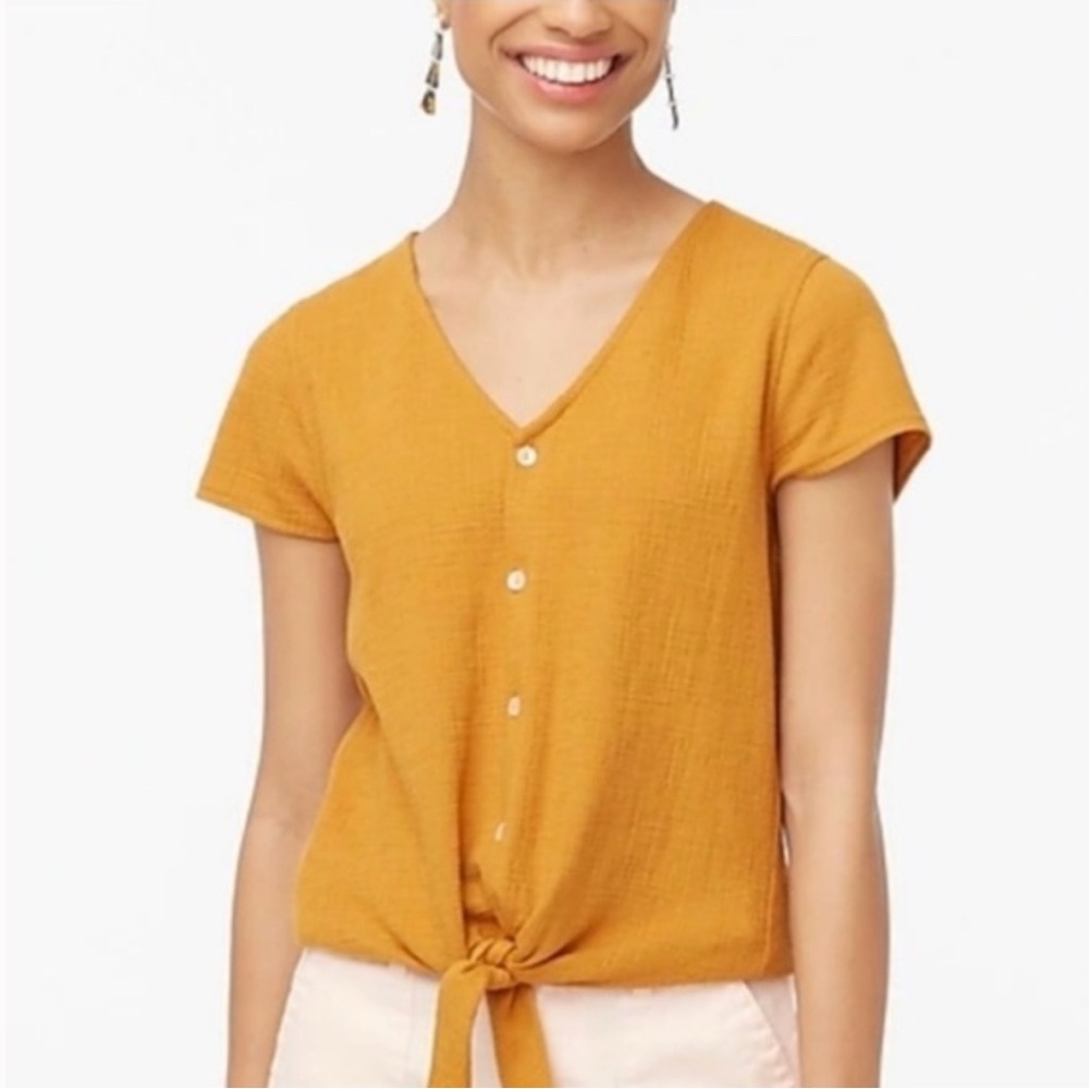 J Crew Mustard V Neck Button Front Tie Waist Top